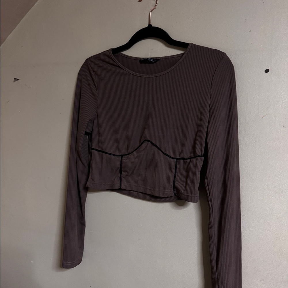 SHEIN Ribbed Long-Sleeve Crop Top in Mauve Brown